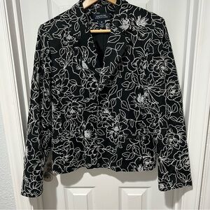 Jones New York Signature 100% Linen Black&White Floral Embroidered Jacket Sz 12